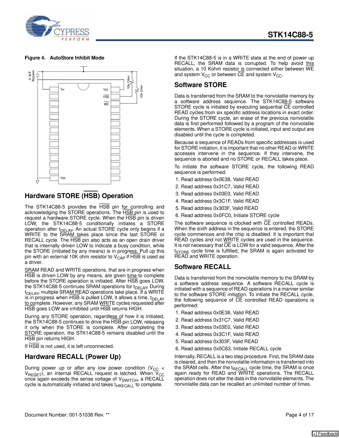 Cypress STK14C88-5 manual Hardware Store HSB Operation, Hardware Recall Power Up, Software Store, Software Recall 