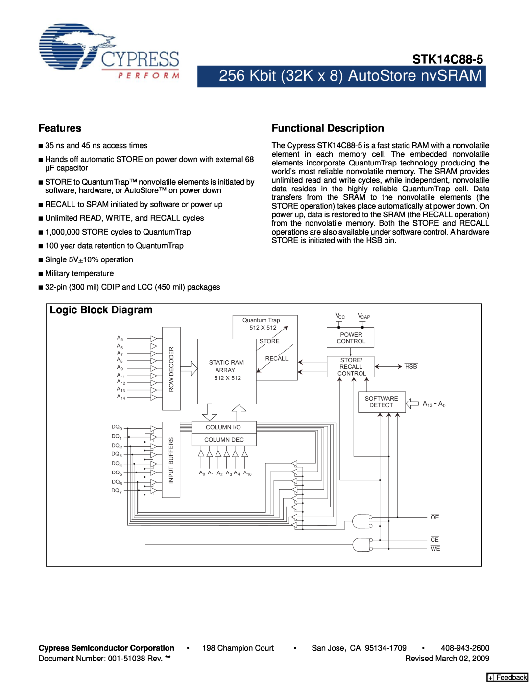 Cypress STK14C88-5 manual Features, Functional Description, Kbit 32K x 8 AutoStore nvSRAM, Logic Block Diagram 