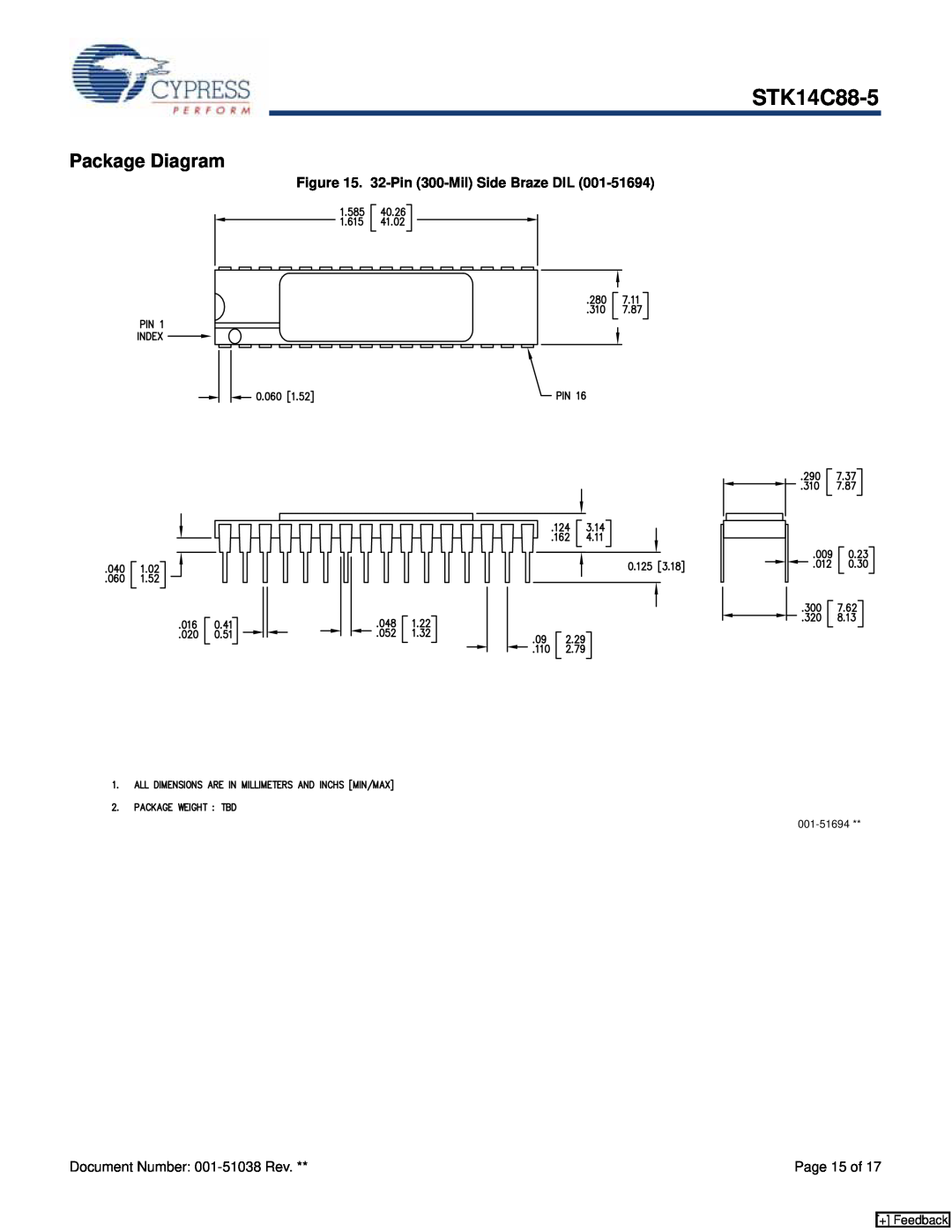 Cypress STK14C88-5 manual Package Diagram, 32-Pin 300-Mil Side Braze DIL, + Feedback, 001-51694 