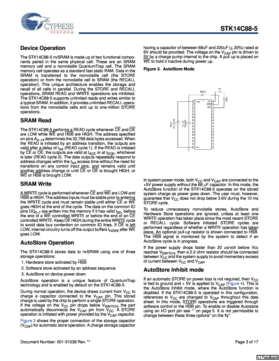 Cypress STK14C88-5 manual Device Operation, SRAM Read, SRAM Write, AutoStore Operation, AutoStore Inhibit mode 
