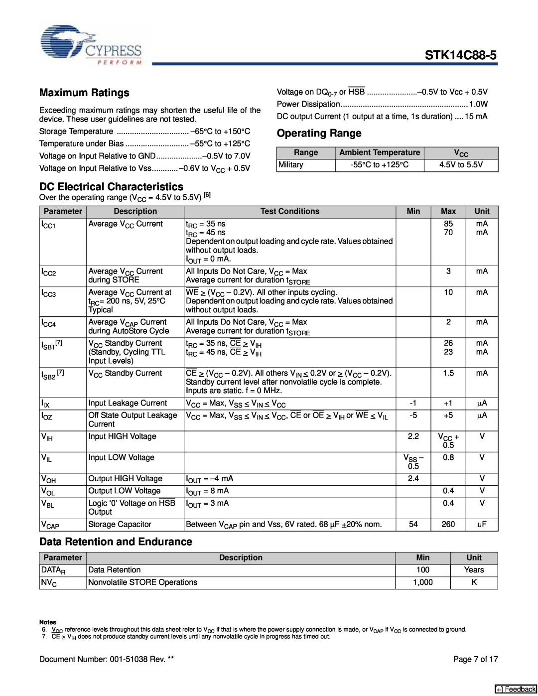 Cypress STK14C88-5 manual Maximum Ratings, Operating Range, DC Electrical Characteristics, Data Retention and Endurance 