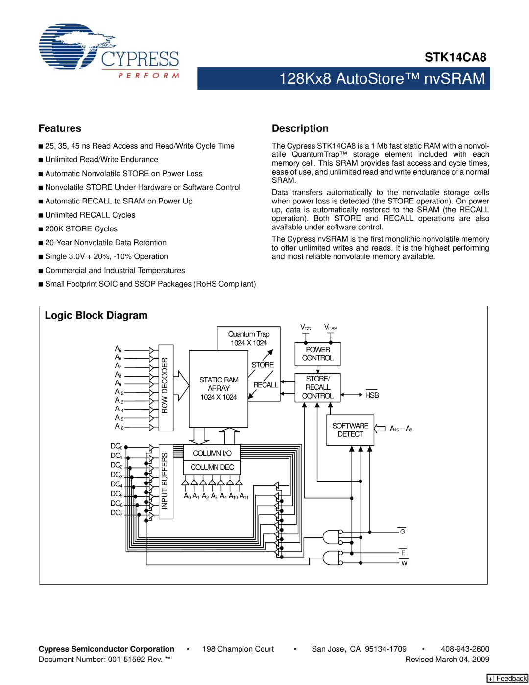 Cypress STK14CA8 manual Features, Description, Logic Block Diagram, Cypress Semiconductor Corporation 198 Champion Court 