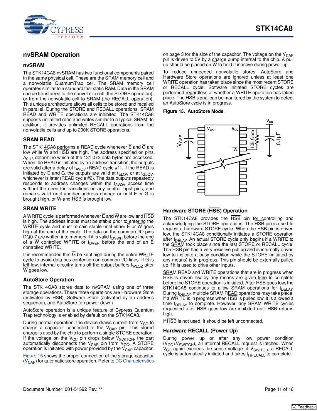 Cypress STK14CA8 manual NvSRAM Operation, AutoStore Operation, Hardware Store HSB Operation, Hardware Recall Power Up 