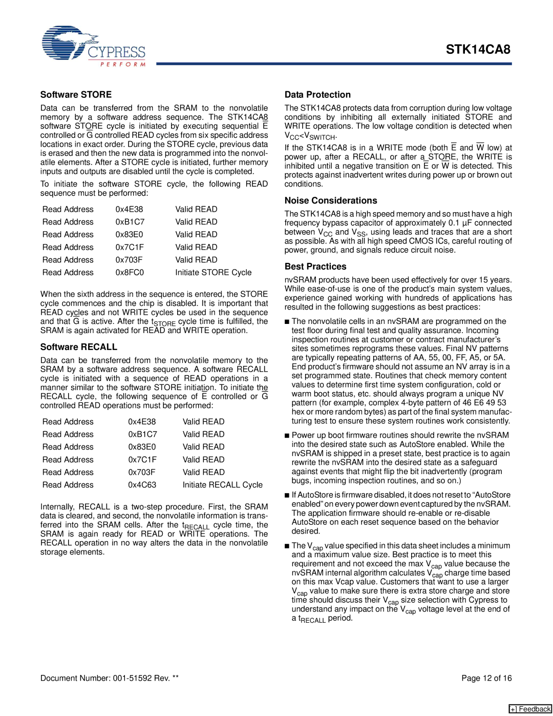 Cypress STK14CA8 manual Software Store, Software Recall, Data Protection, Noise Considerations, Best Practices 