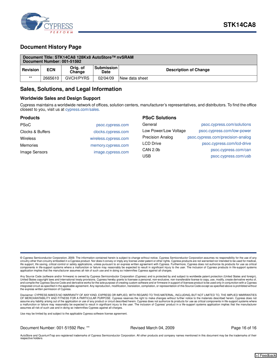 Cypress STK14CA8 manual Document History, Sales, Solutions, and Legal Information, New data sheet 