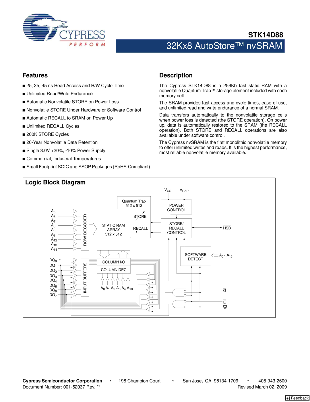 Cypress STK14D88 manual Features, Description, Logic Block Diagram, Cypress Semiconductor Corporation 198 Champion Court 