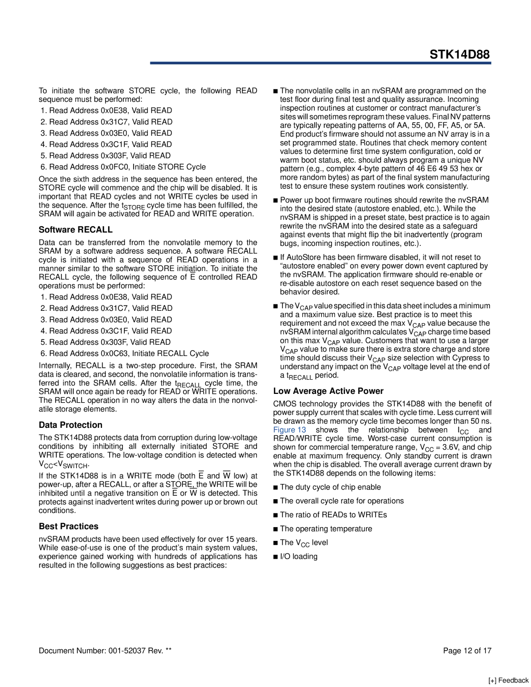 Cypress STK14D88 manual Software Recall, Data Protection, Best Practices, Low Average Active Power 