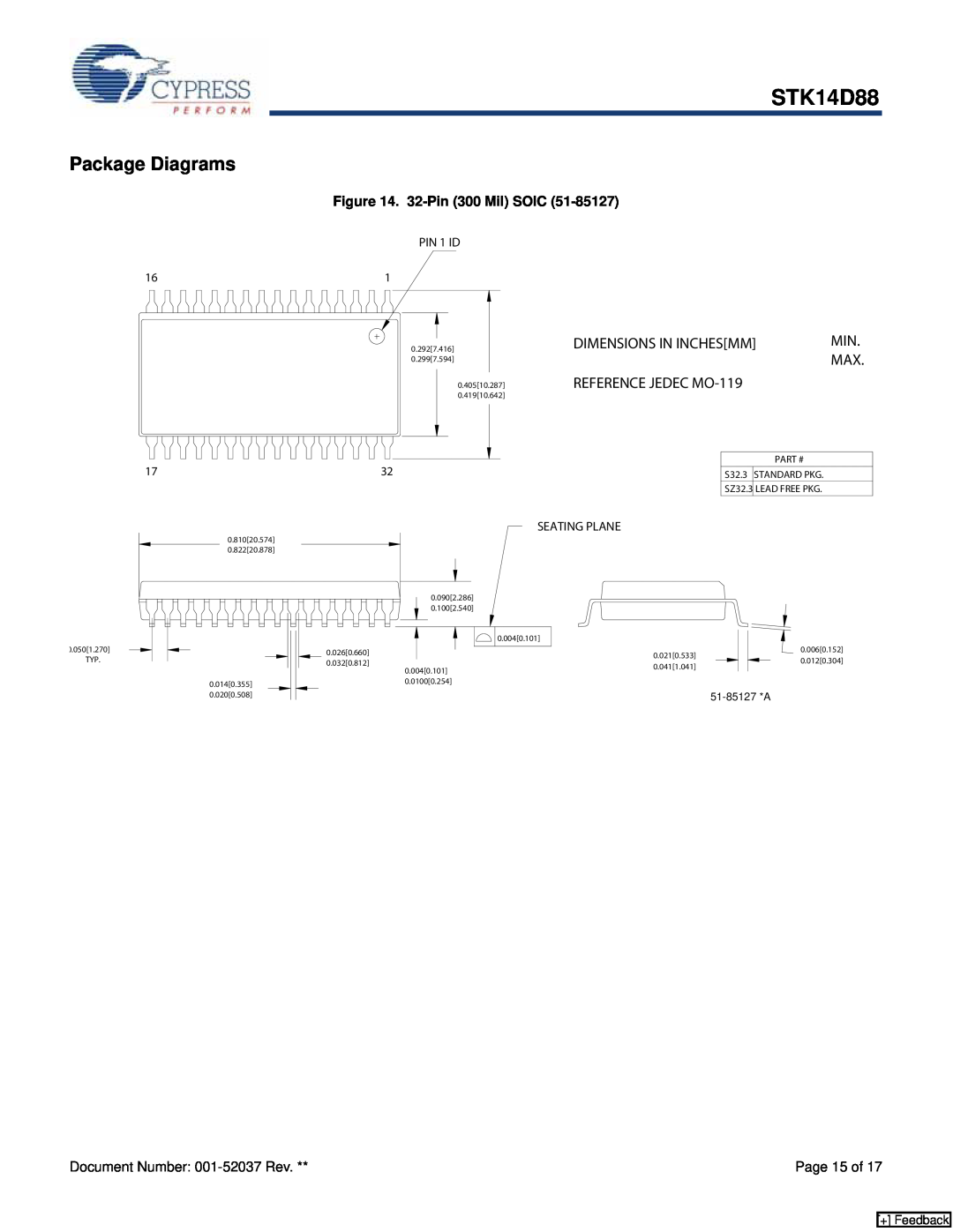 Cypress STK14D88 manual Package Diagrams, Dimensions In Inchesmm, REFERENCE JEDEC MO-119, + Feedback 