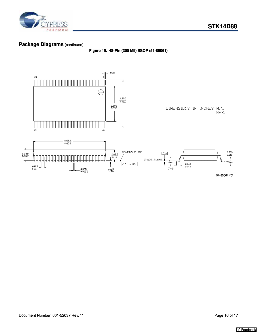 Cypress STK14D88 manual Package Diagrams continued, 48-Pin 300 Mil SSOP, + Feedback 