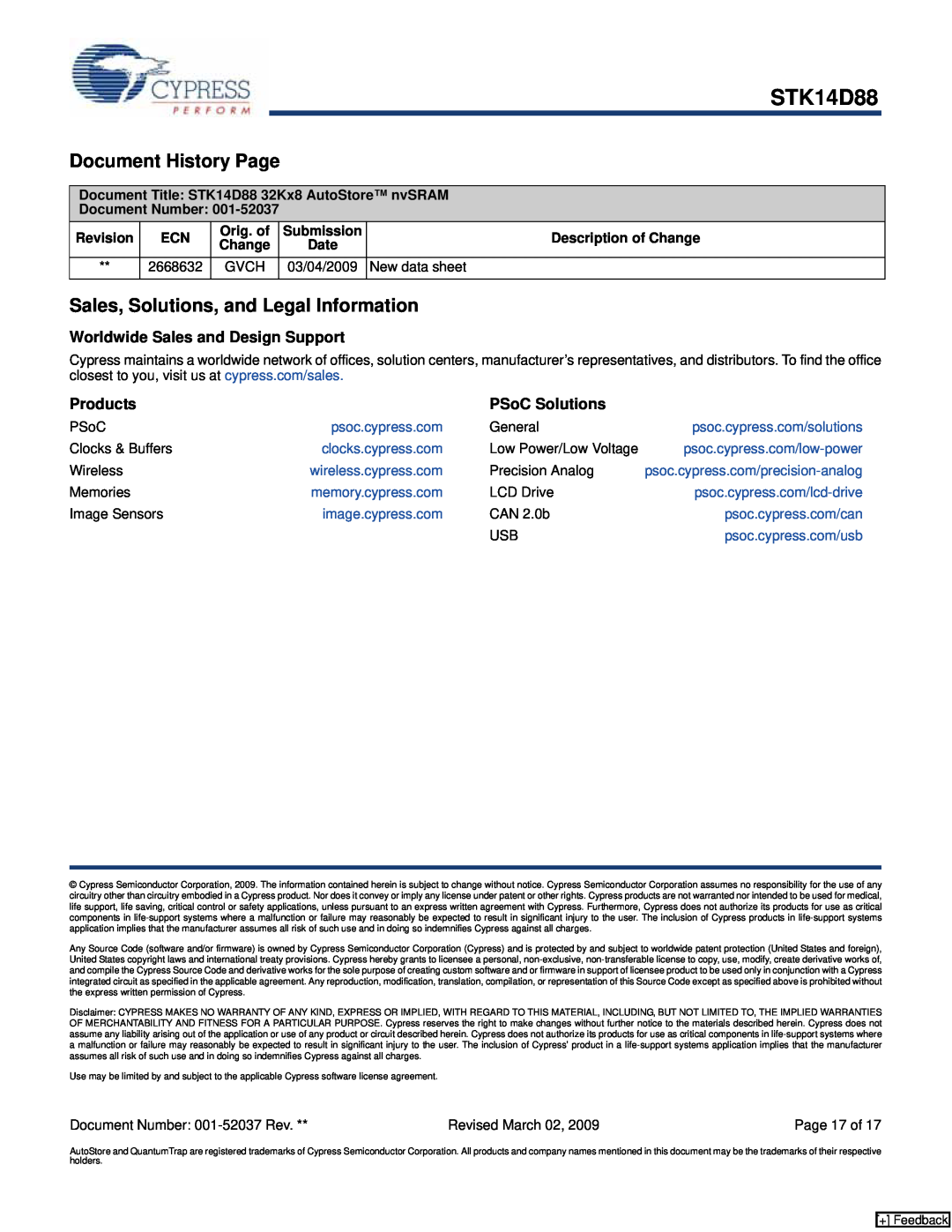 Cypress STK14D88 manual Document History Page, Sales, Solutions, and Legal Information, Worldwide Sales and Design Support 