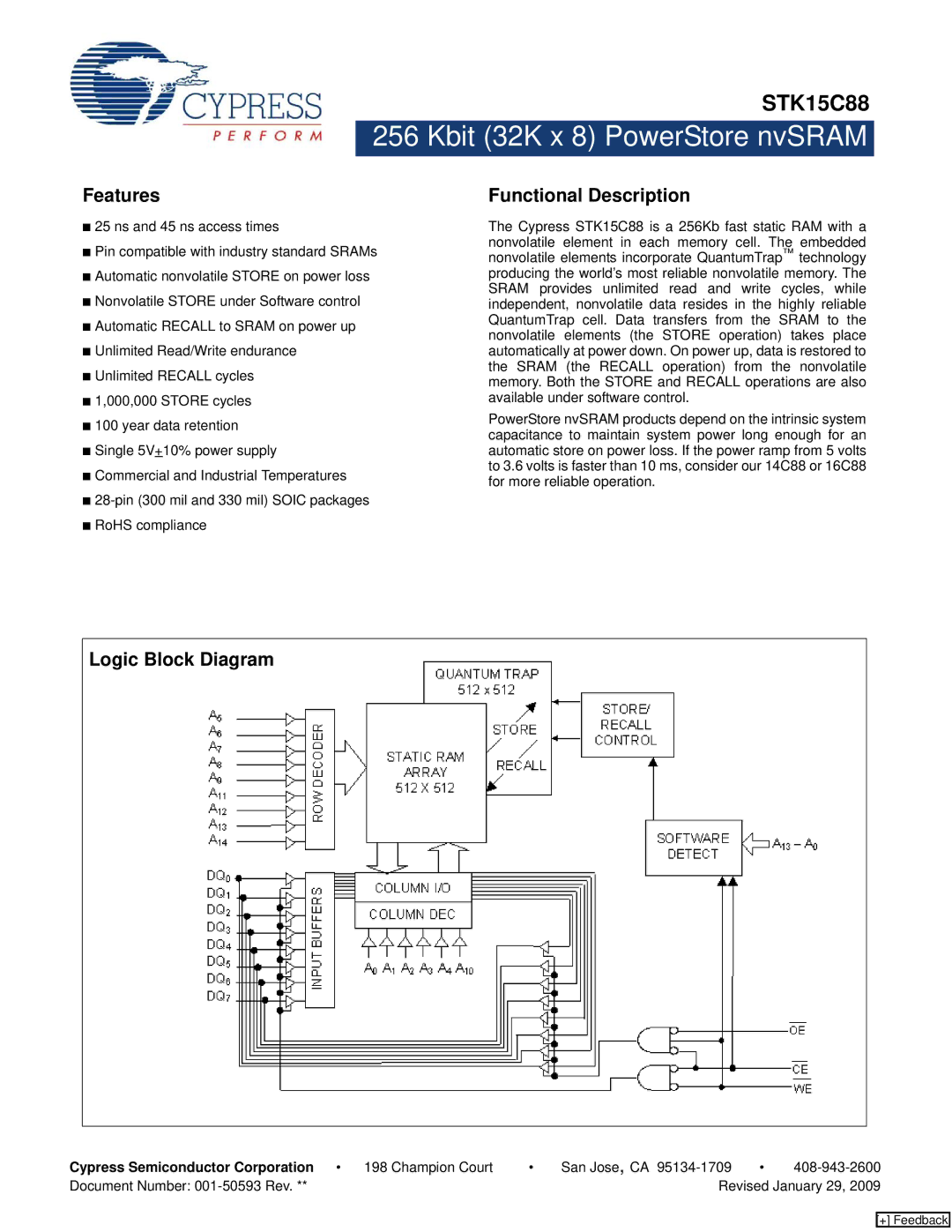 Cypress STK15C88 manual Features, Functional Description, Logic Block Diagram 