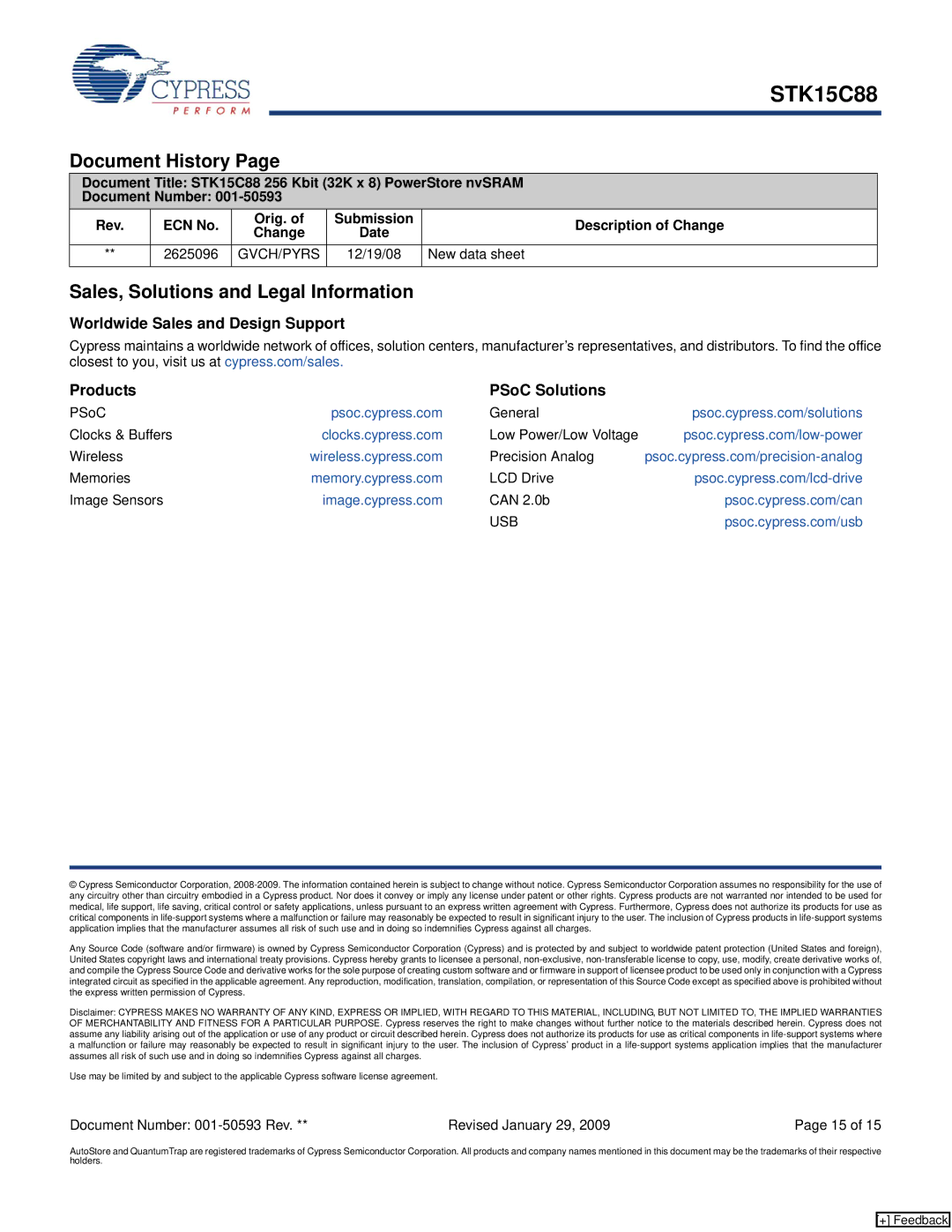 Cypress STK15C88 manual Document History, Sales, Solutions and Legal Information, New data sheet, Usb 