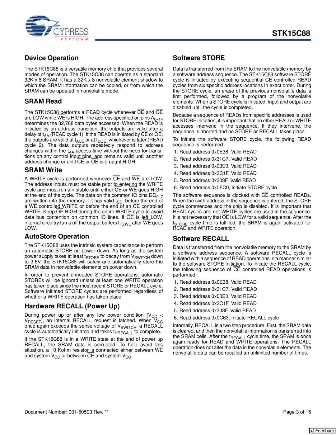 Cypress STK15C88 Device Operation, Sram Read, Sram Write, Software Store, AutoStore Operation, Hardware Recall Power Up 