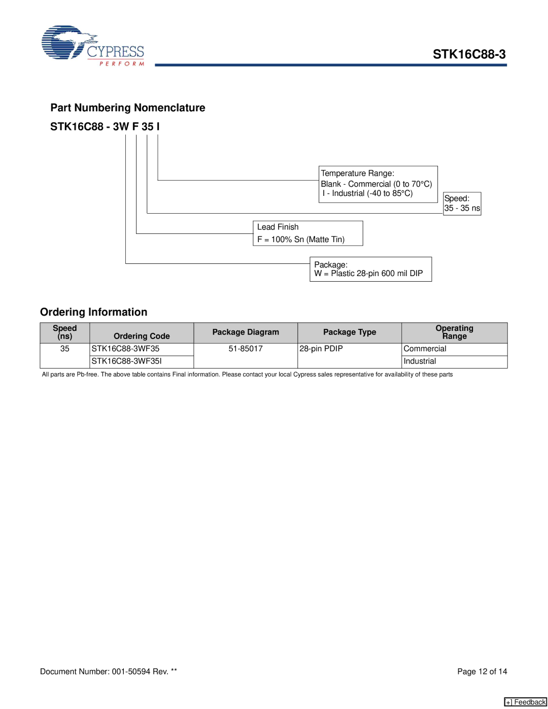 Cypress STK16C88-3 manual Part Numbering Nomenclature STK16C88 3W F 35, Ordering Information 