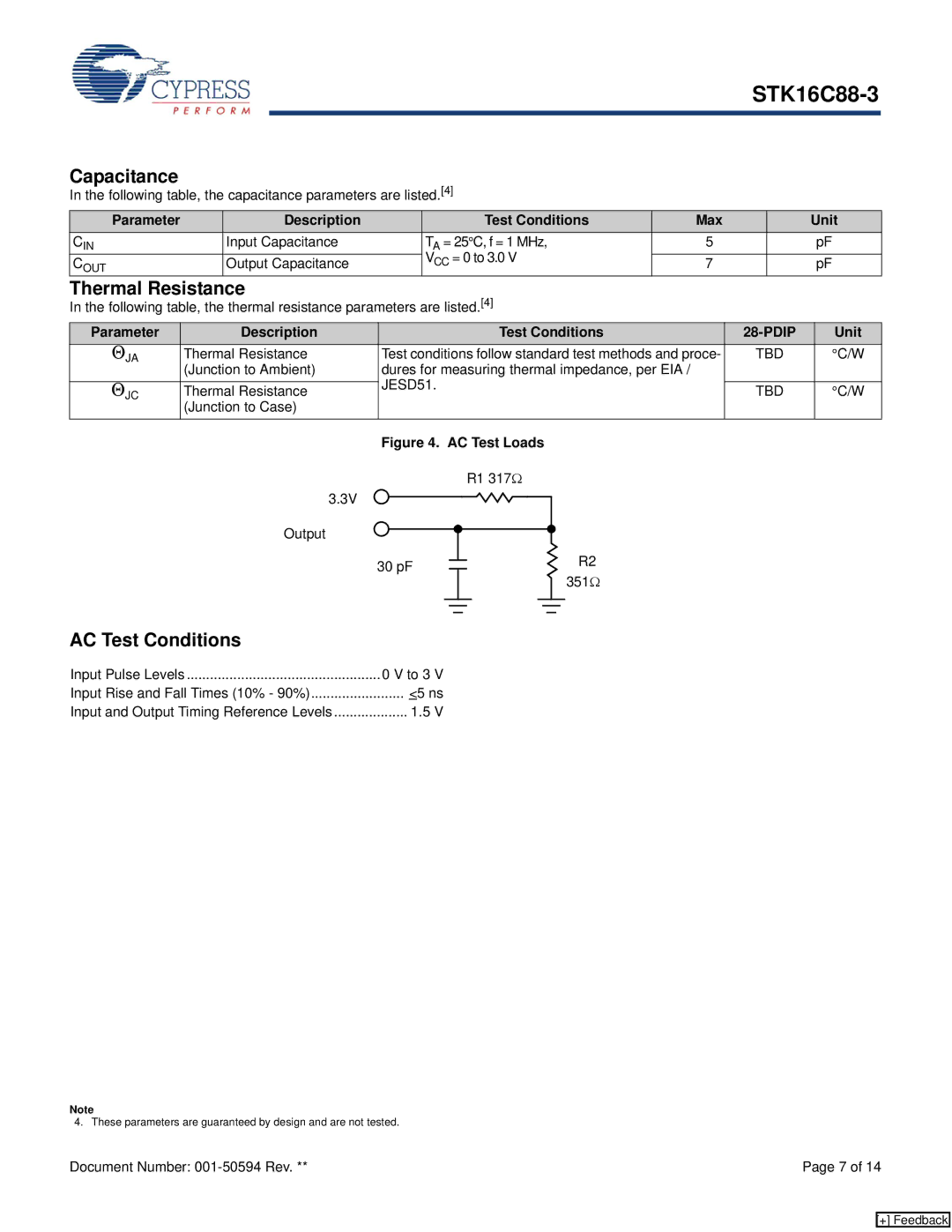 Cypress STK16C88-3 manual Capacitance, AC Test Conditions, Thermal Resistance, Description Test Conditions Max Unit 