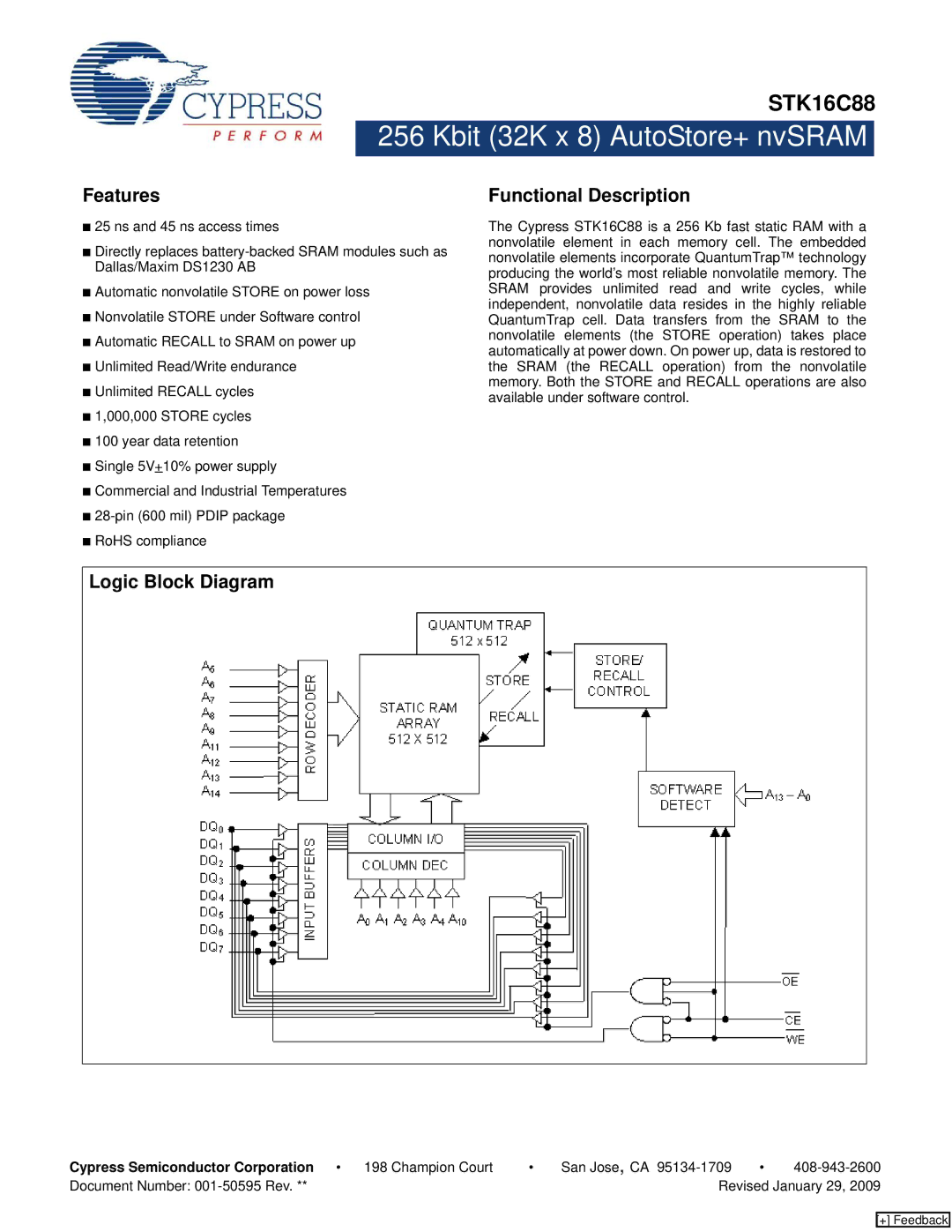 Cypress STK16C88 manual Features, Functional Description, Logic Block Diagram 