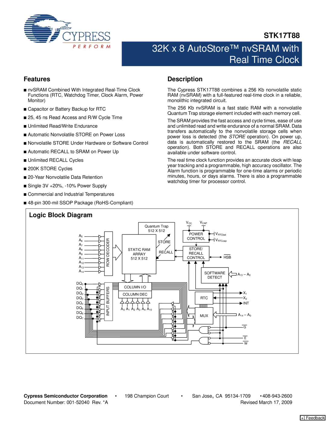 Cypress STK17T88 manual Features, Description, Logic Block Diagram, Cypress Semiconductor Corporation 