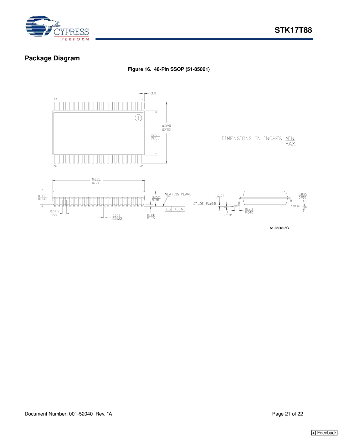 Cypress STK17T88 manual Package Diagram, Pin Ssop 