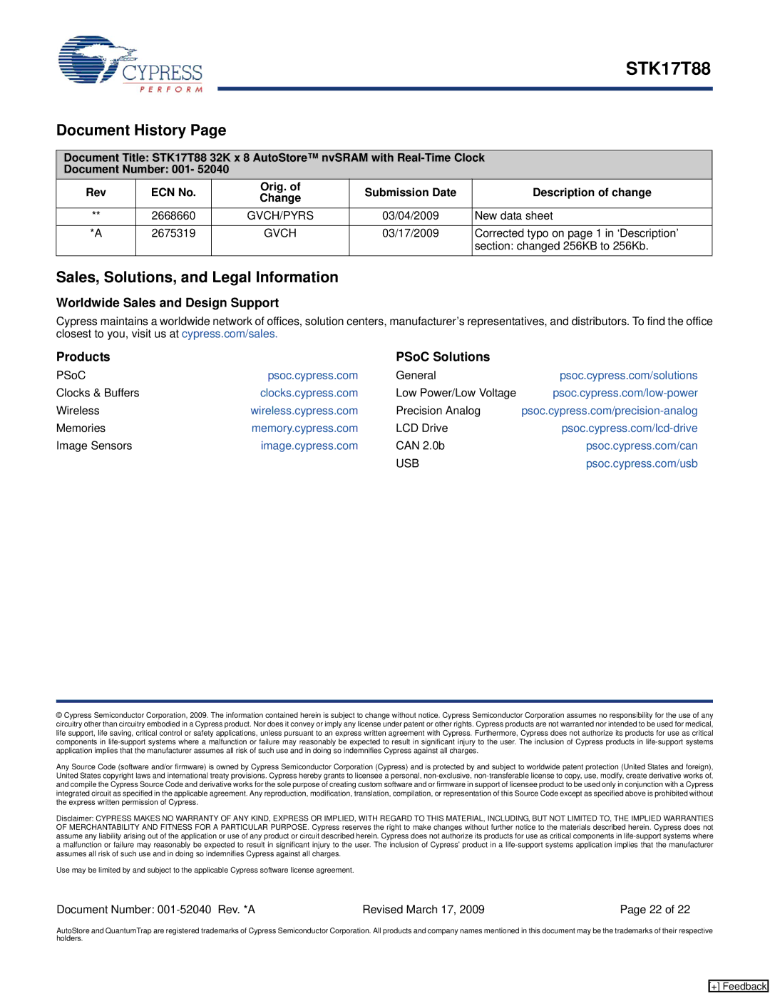 Cypress STK17T88 manual Document History, Sales, Solutions, and Legal Information 