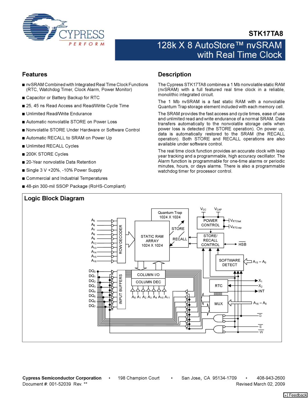 Cypress STK17TA8 manual Features, Description, Logic Block Diagram, Cypress Semiconductor Corporation 198 Champion Court 