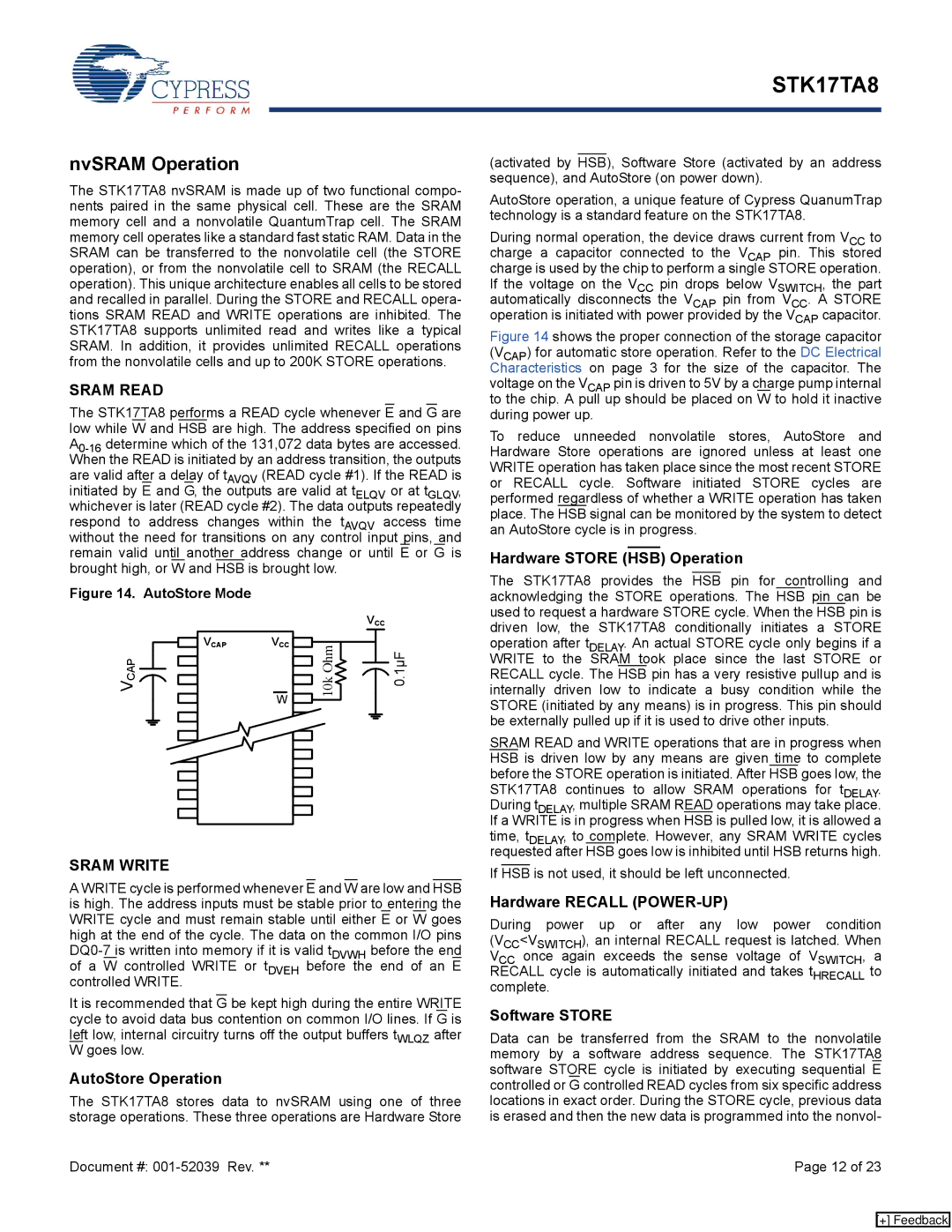 Cypress STK17TA8 manual NvSRAM Operation, Hardware Store HSB Operation, AutoStore Operation, Hardware Recall POWER-UP 