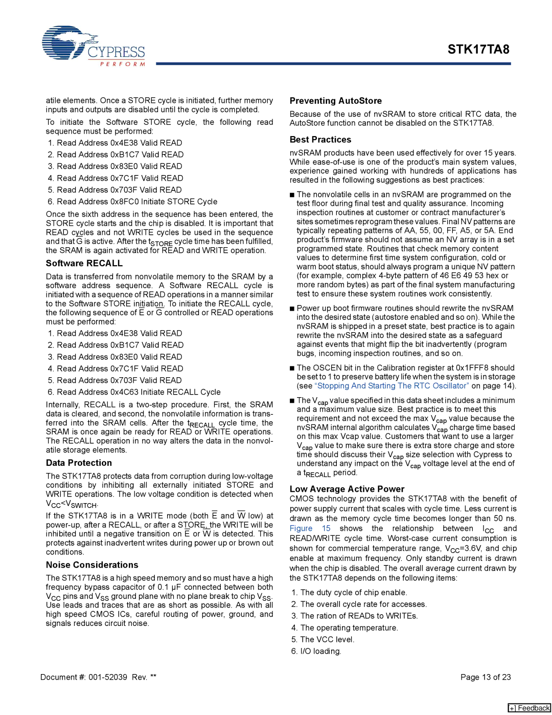 Cypress STK17TA8 manual Software Recall, Data Protection, Noise Considerations, Preventing AutoStore, Best Practices 