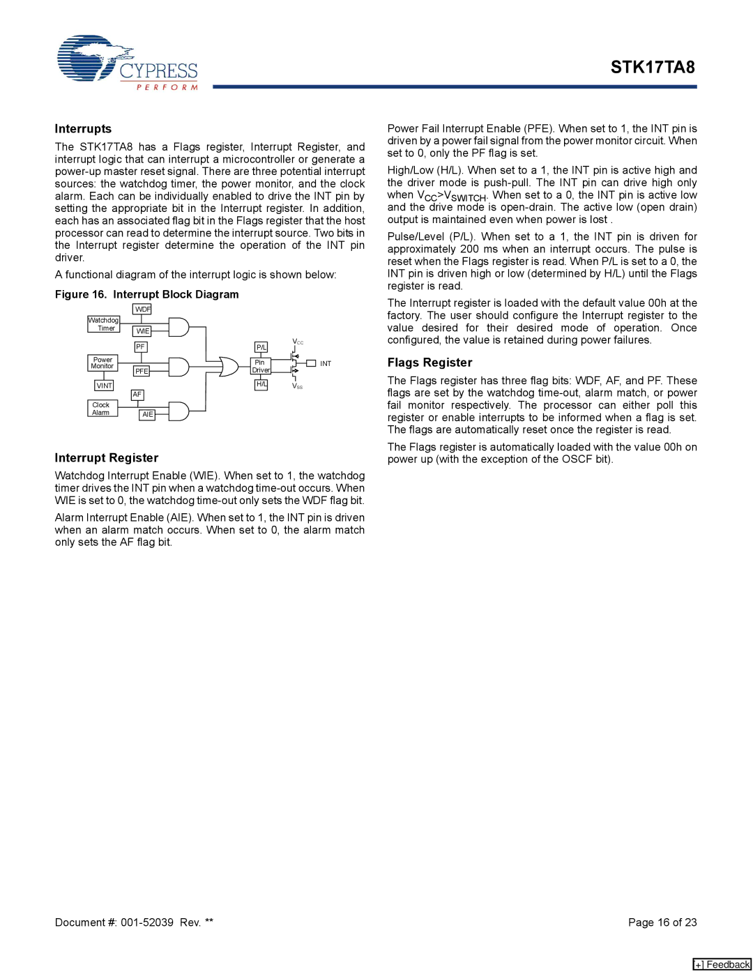 Cypress STK17TA8 manual Interrupts, Flags Register, Interrupt Register 