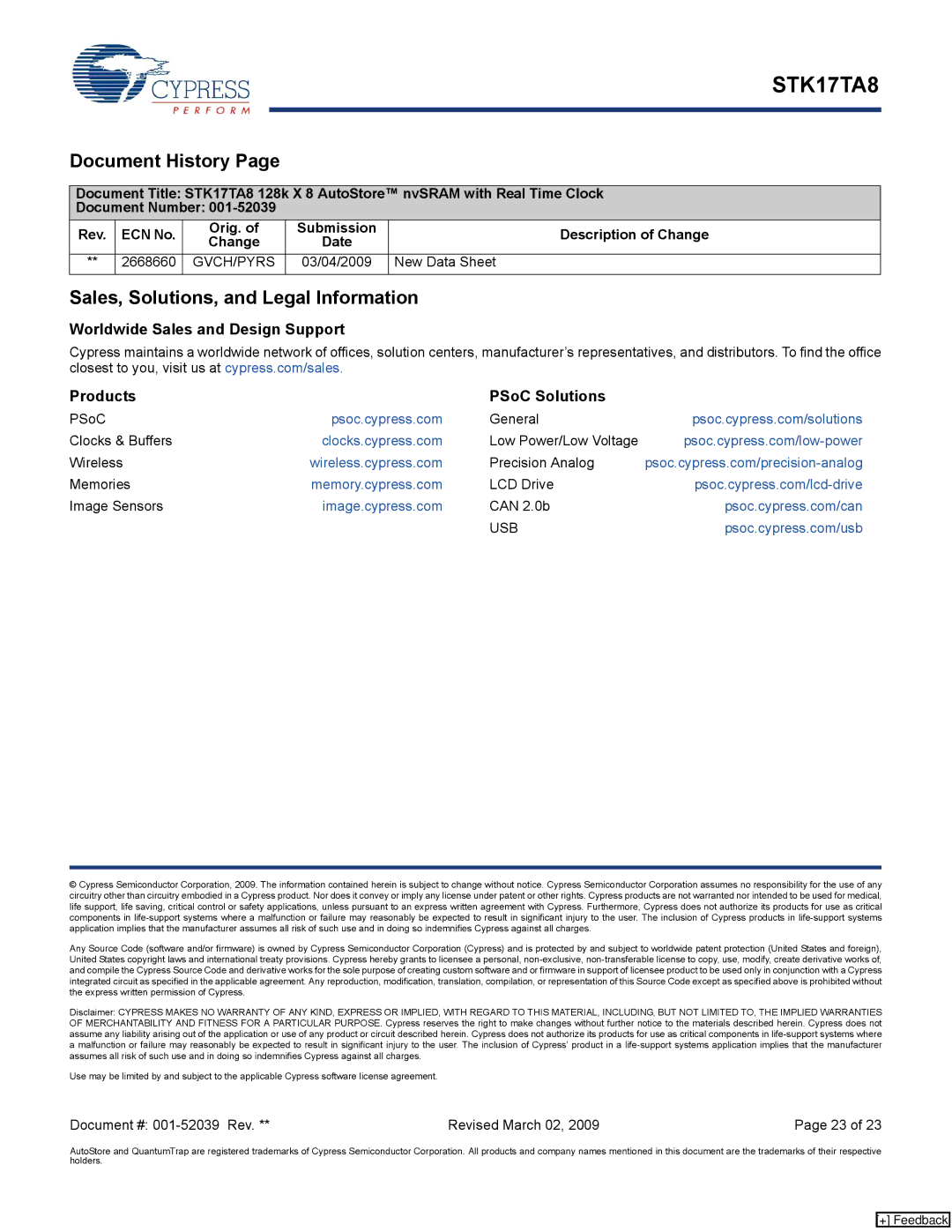 Cypress STK17TA8 manual Document History, Sales, Solutions, and Legal Information 