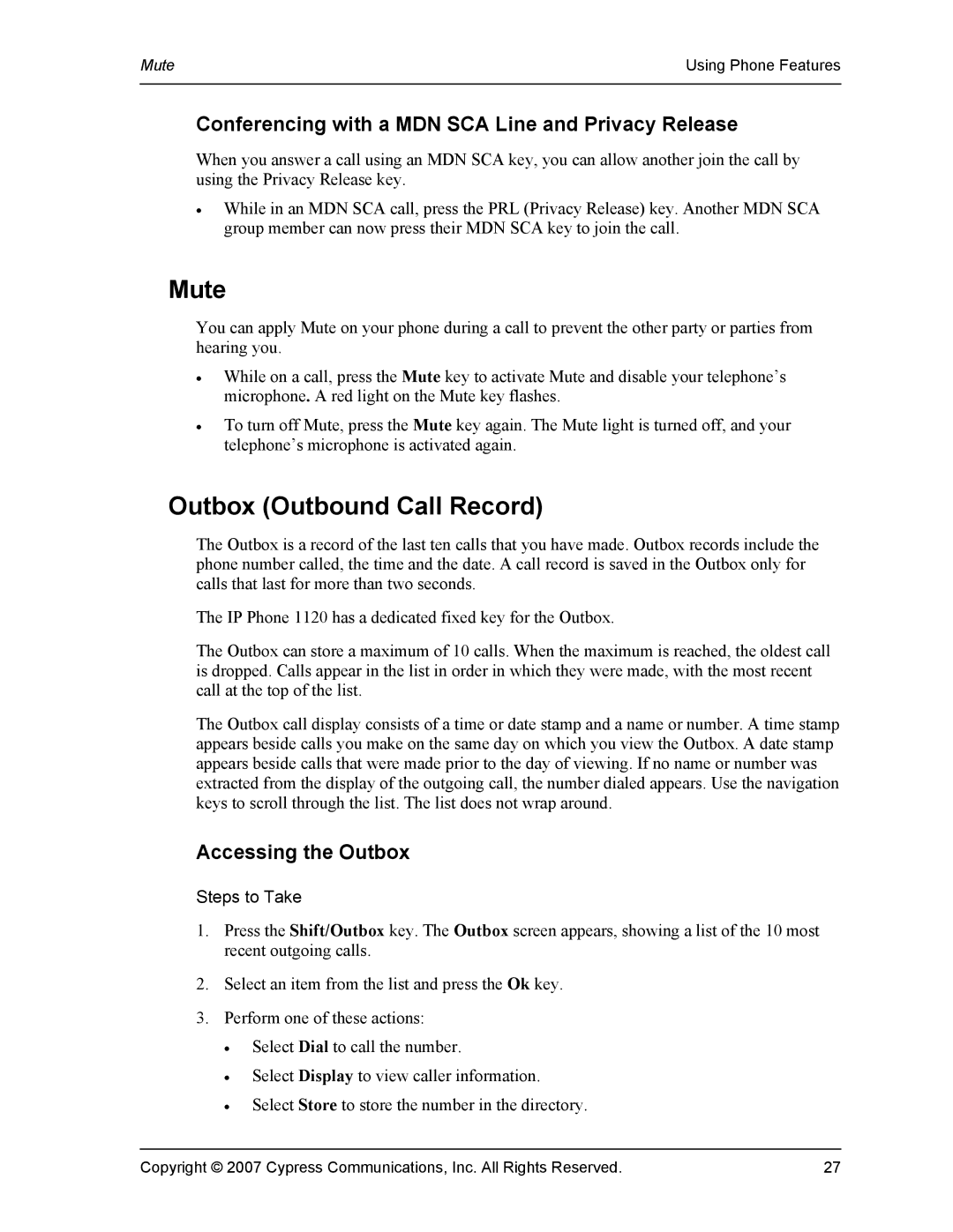 Cypress VS11419 manual Mute, Outbox Outbound Call Record, Conferencing with a MDN SCA Line and Privacy Release 