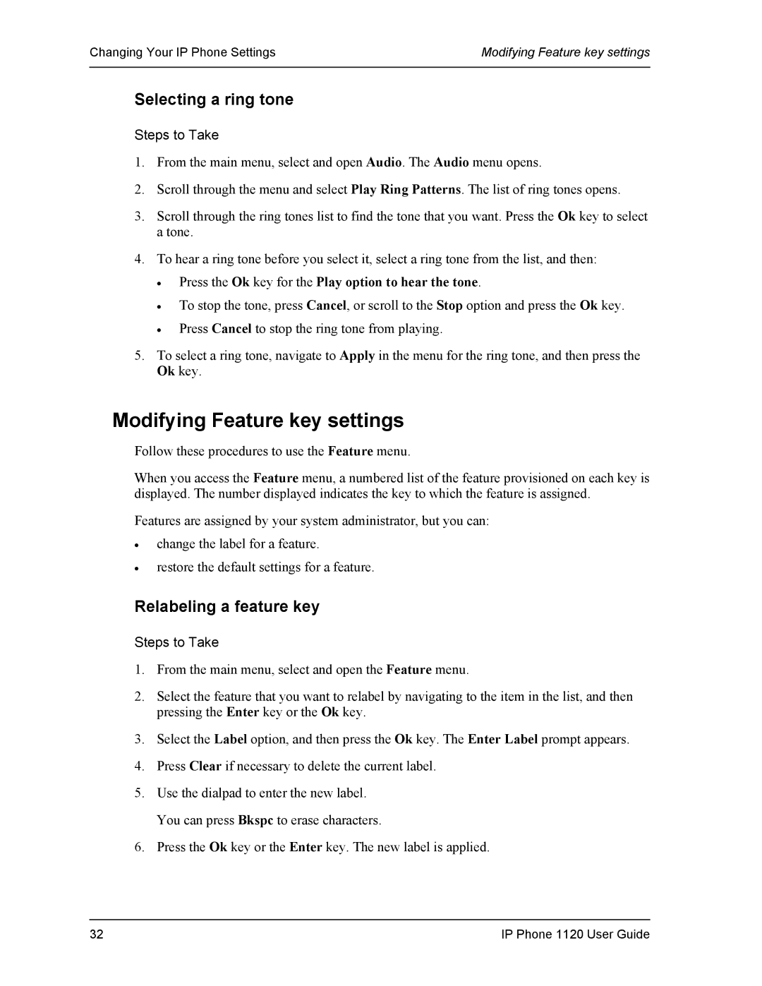 Cypress VS11419 manual Modifying Feature key settings, Selecting a ring tone, Relabeling a feature key 