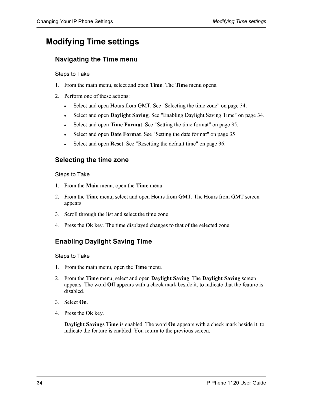 Cypress VS11419 Modifying Time settings, Navigating the Time menu, Selecting the time zone, Enabling Daylight Saving Time 