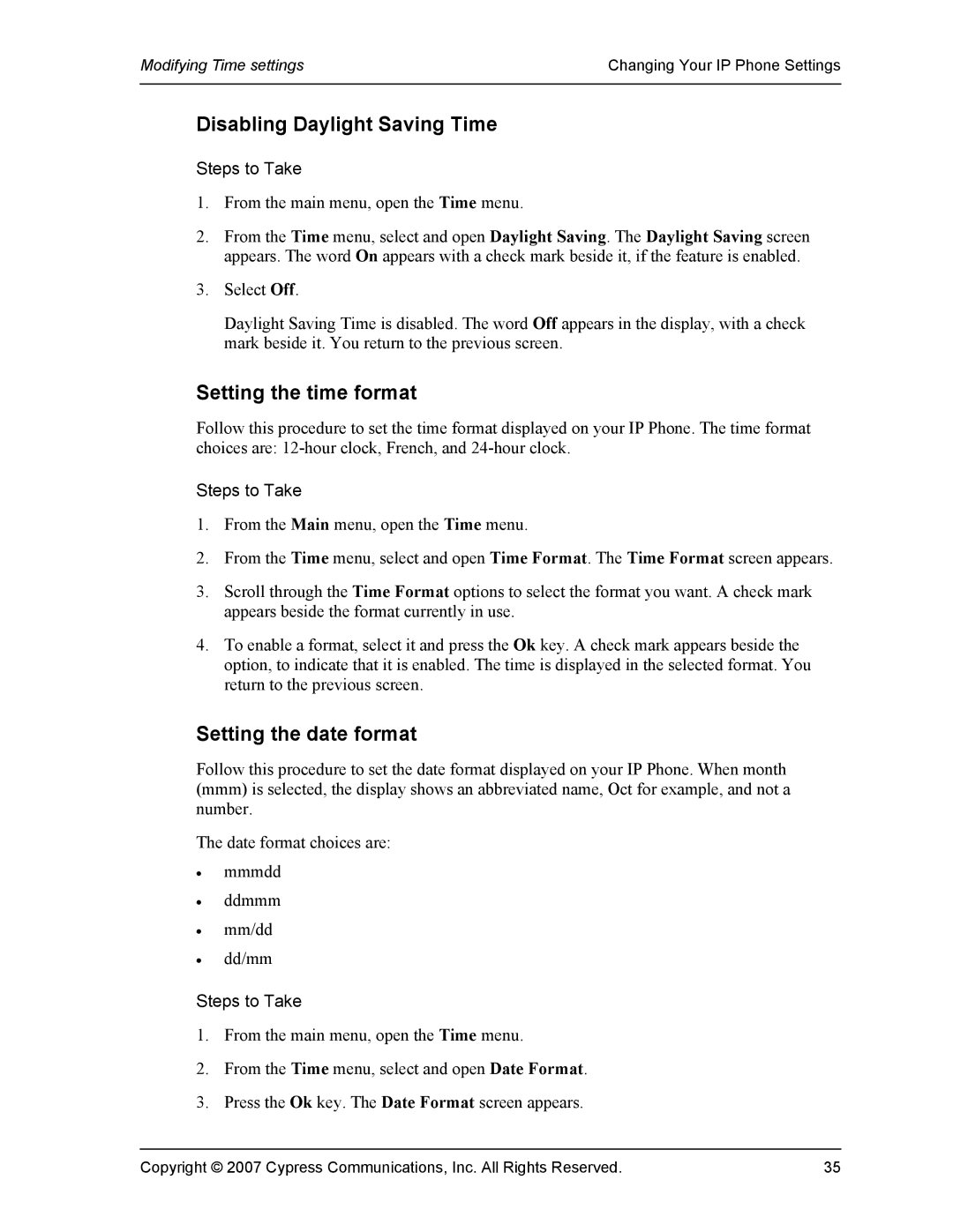 Cypress VS11419 manual Disabling Daylight Saving Time, Setting the time format, Setting the date format 