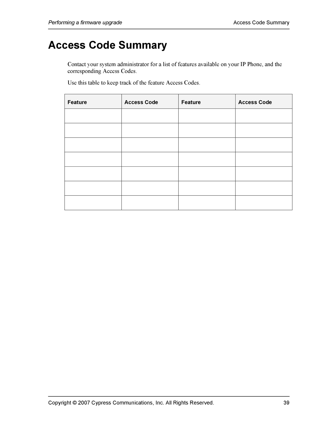 Cypress VS11419 manual Access Code Summary 