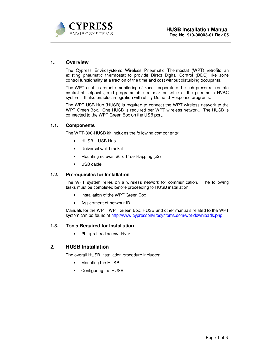 Cypress WPT-800-HUSB installation manual Husb Installation Manual, Overview 