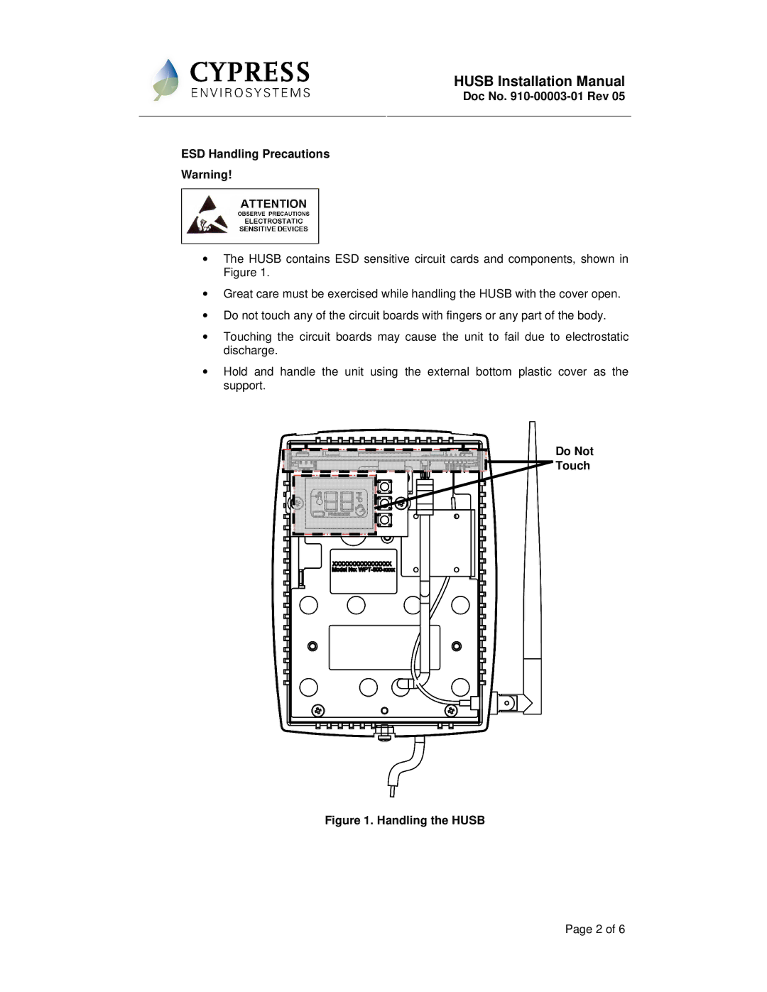 Cypress WPT-800-HUSB installation manual Doc No -00003-01 Rev ESD Handling Precautions, Do Not Touch 