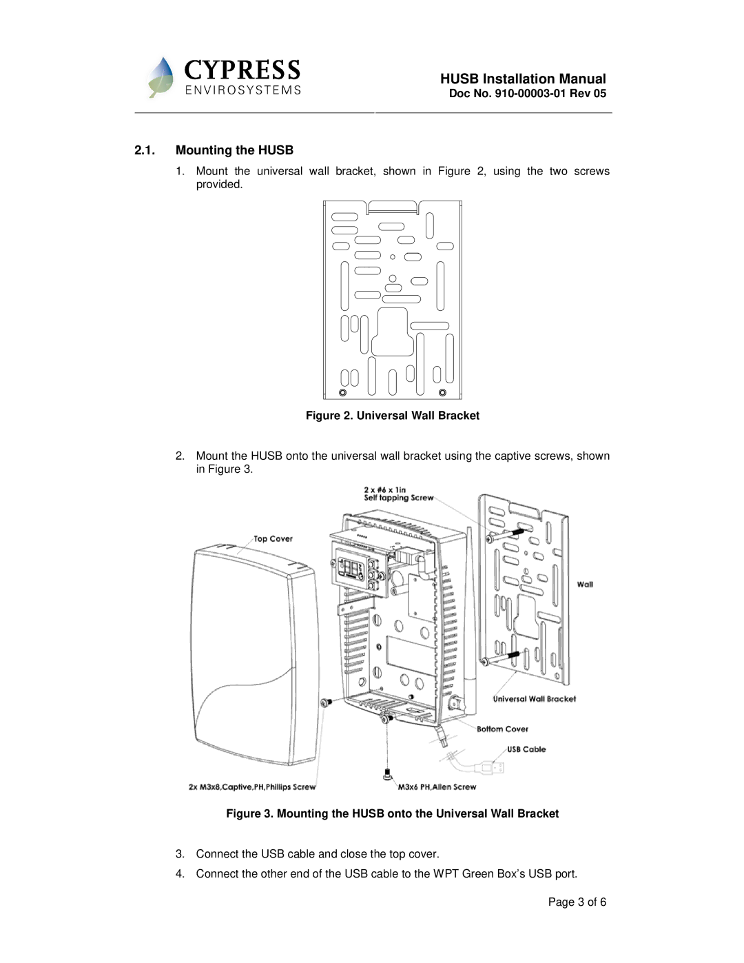 Cypress WPT-800-HUSB installation manual Mounting the Husb, Universal Wall Bracket 