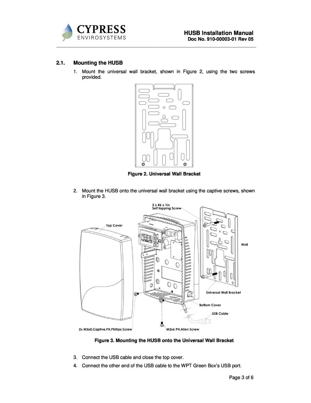 Cypress WPT-800-HUSB Mounting the HUSB onto the Universal Wall Bracket, HUSB Installation Manual 