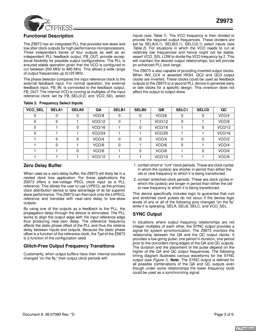 Cypress Z9973 manual Functional Description, Zero Delay Buffer, Glitch-Free Output Frequency Transitions, Sync Output 