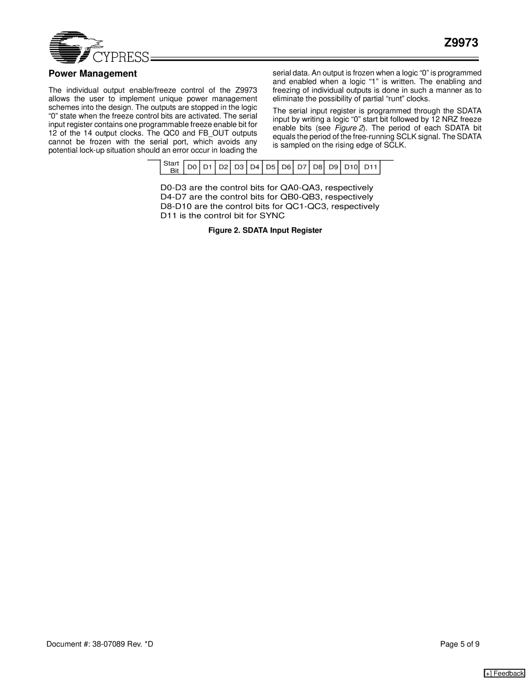 Cypress Z9973 manual Power Management, Sdata Input Register 