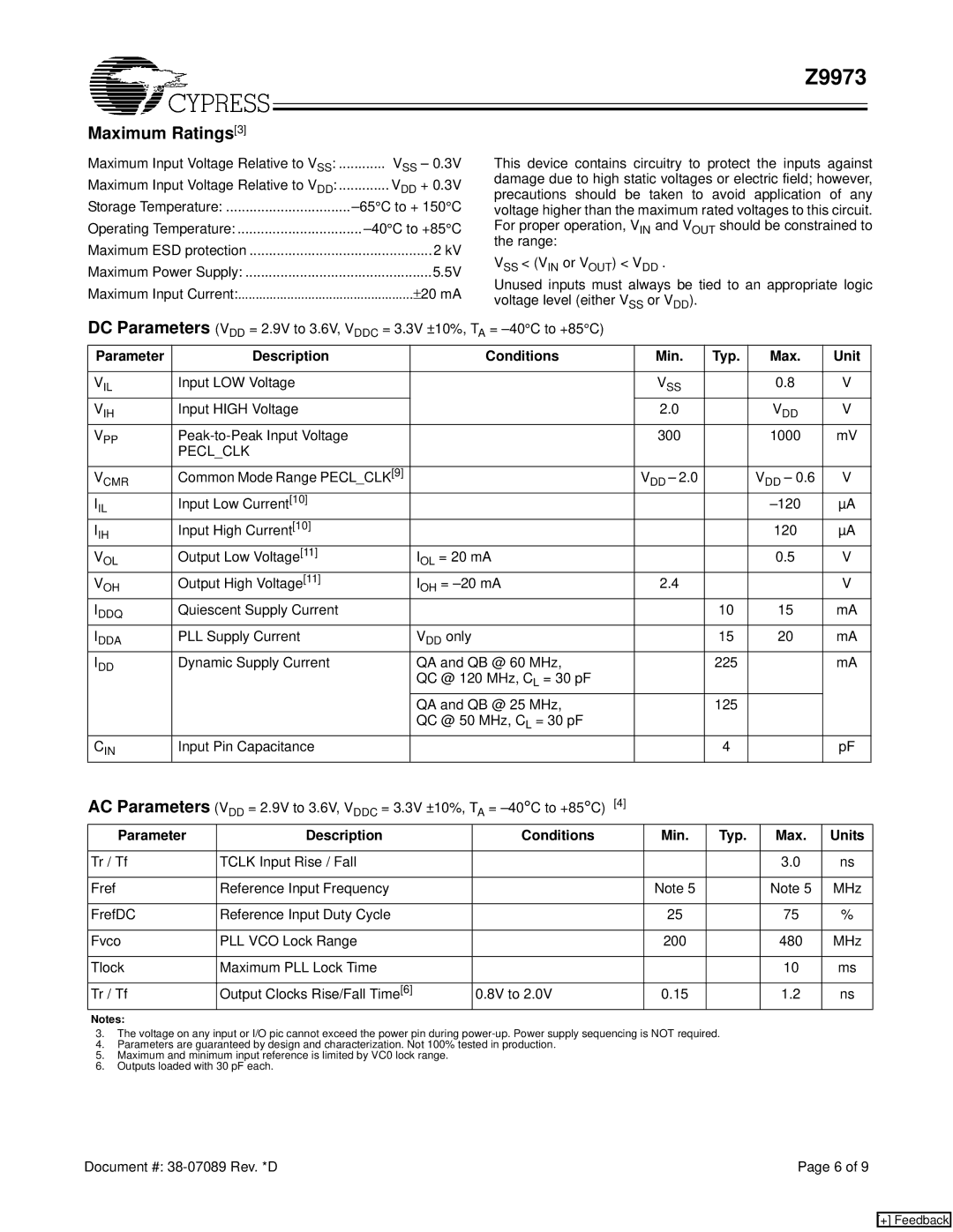 Cypress Z9973 manual Maximum Ratings3, AC Parameters, Parameter Description Conditions Min Typ Max Unit, Peclclk 