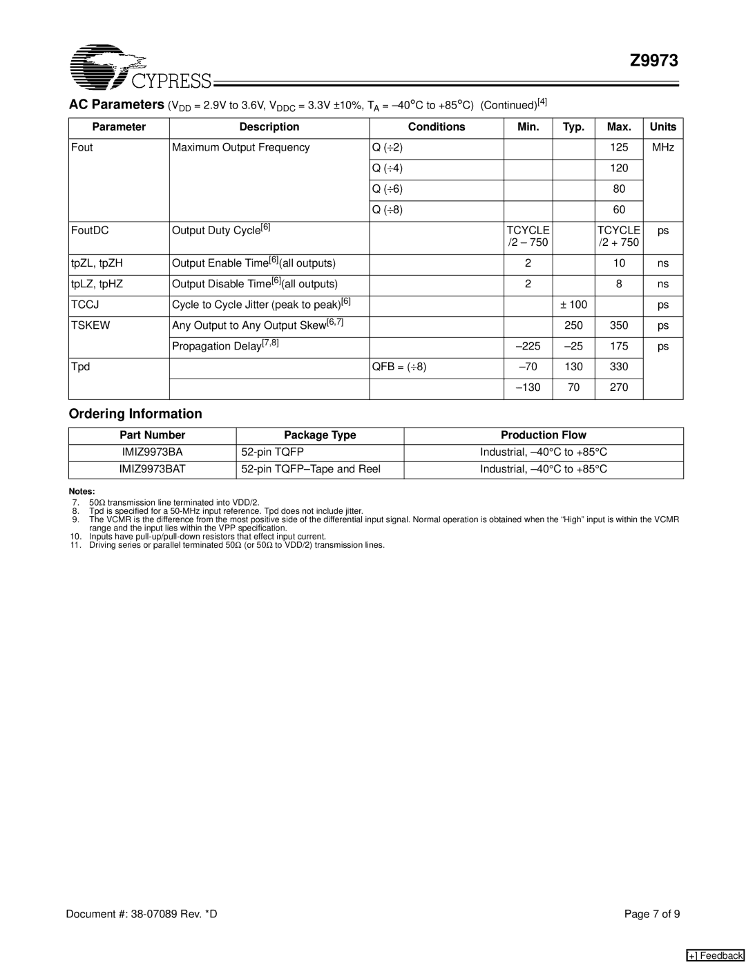 Cypress Z9973 manual Ordering Information, Part Number Package Type Production Flow 