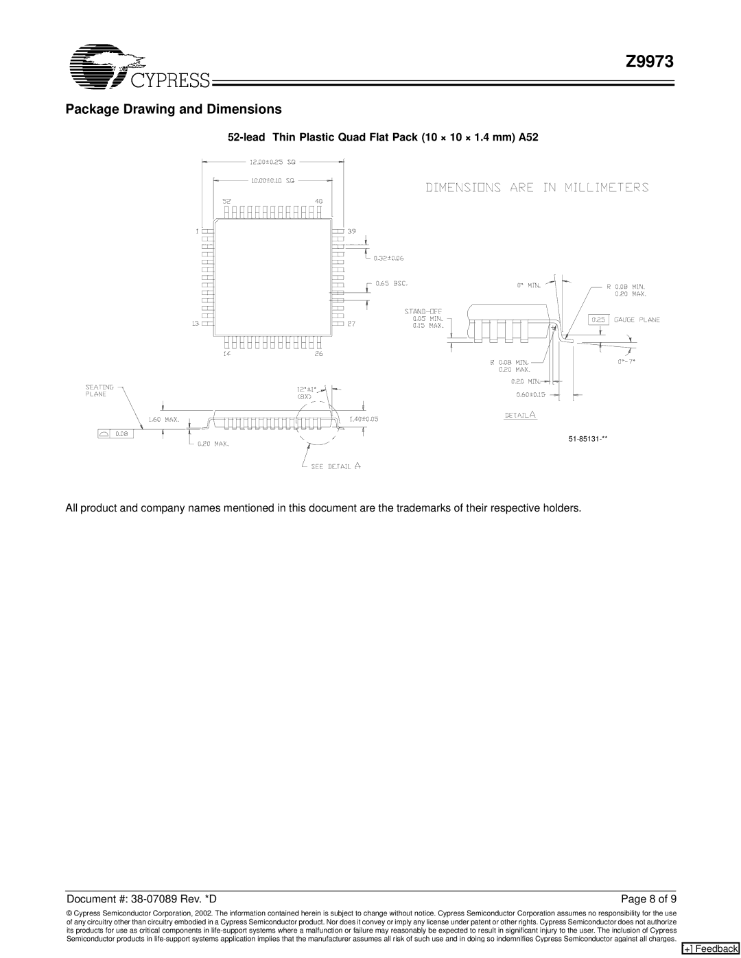 Cypress Z9973 manual Package Drawing and Dimensions, Lead Thin Plastic Quad Flat Pack 10 × 10 × 1.4 mm A52 