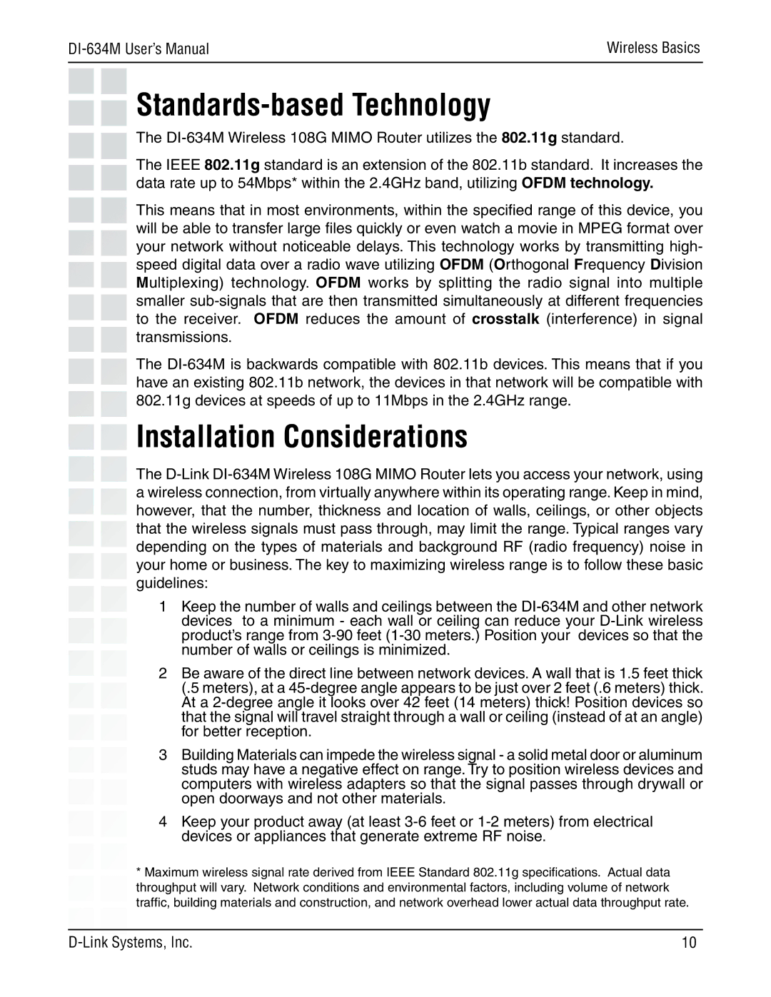 D-Link 108G manual Standards-based Technology, Installation Considerations 