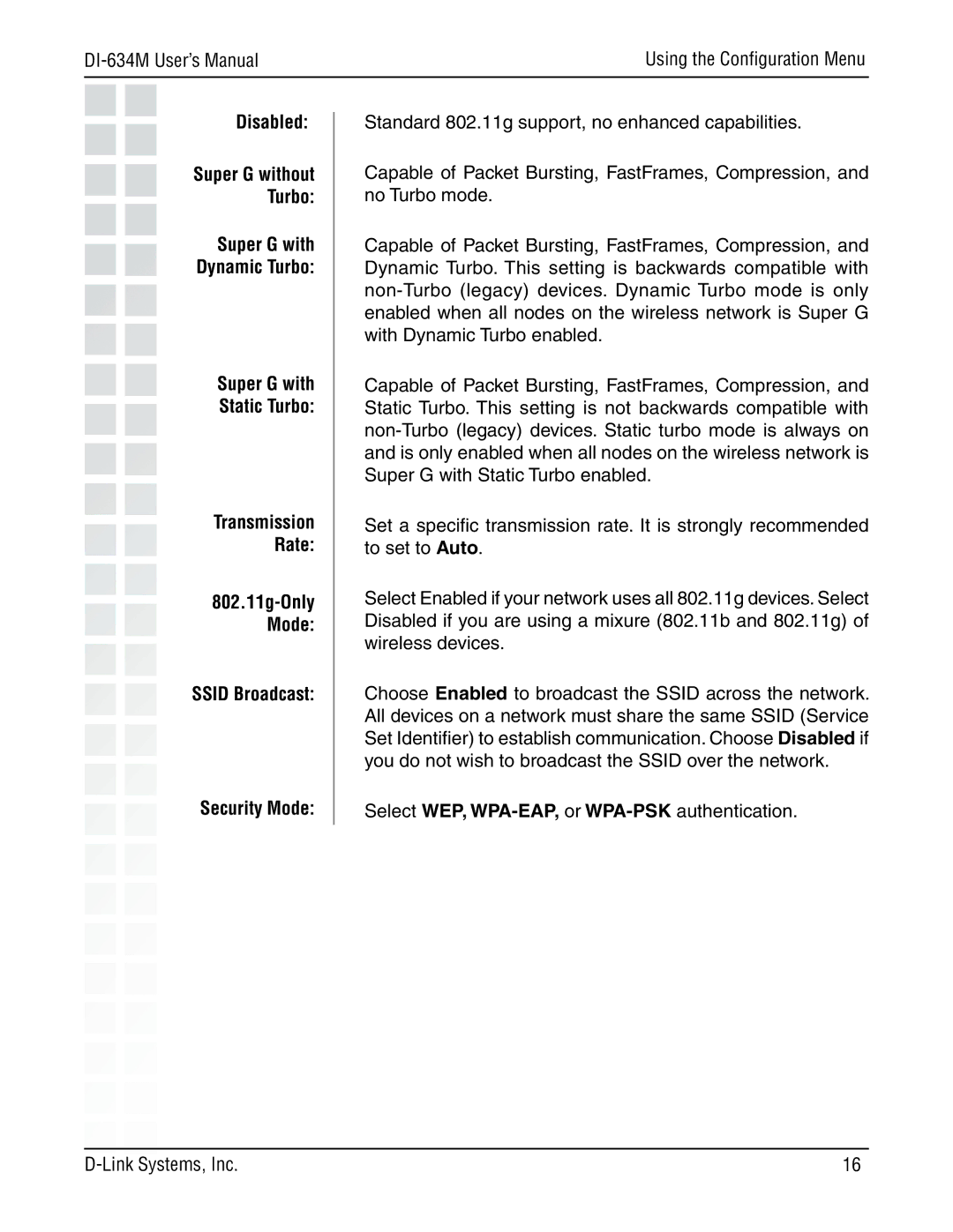 D-Link 108G manual Disabled, Ssid Broadcast Security Mode 