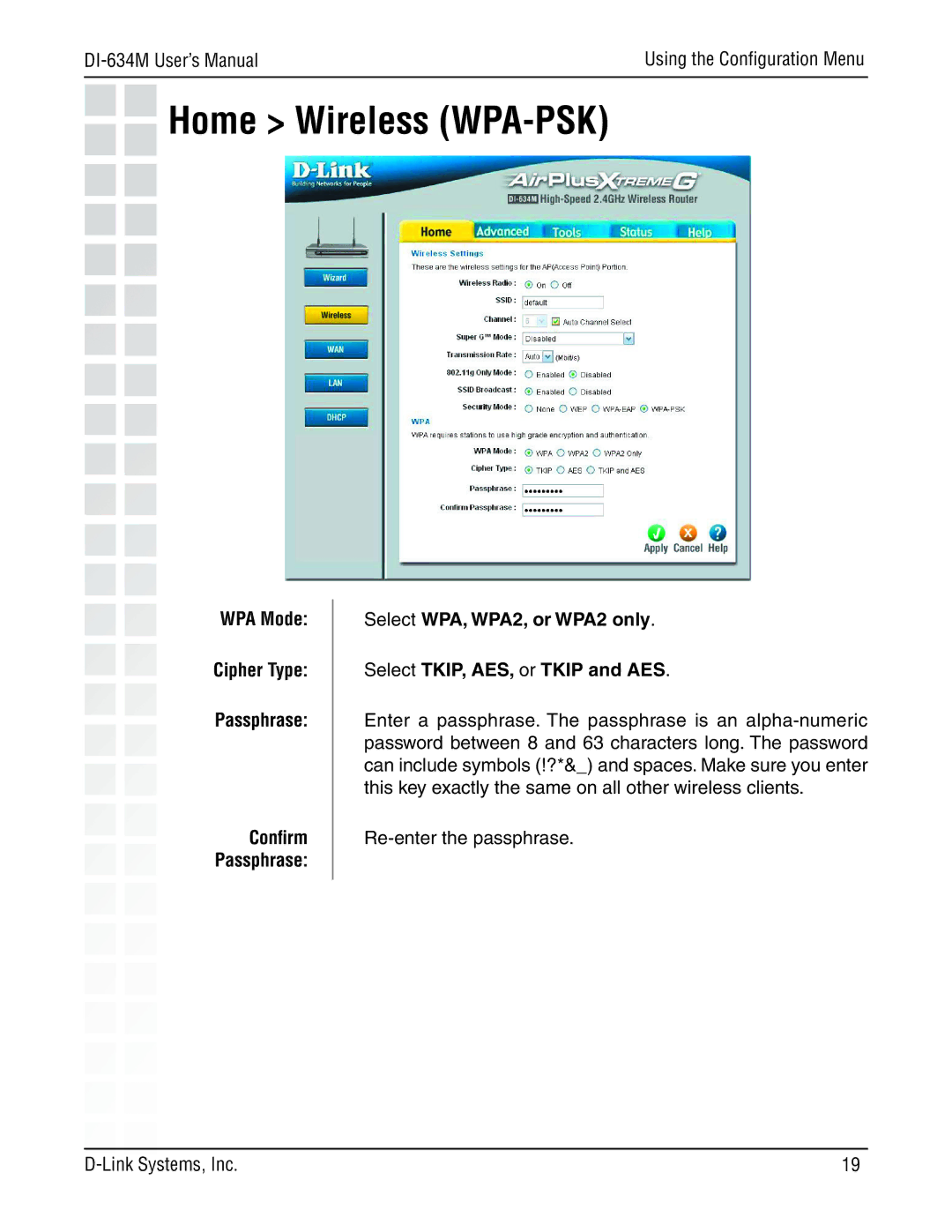 D-Link 108G manual Home Wireless WPA-PSK 