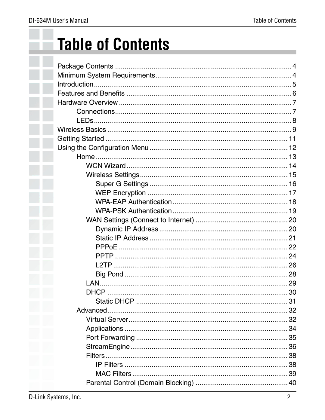 D-Link 108G manual Table of Contents 