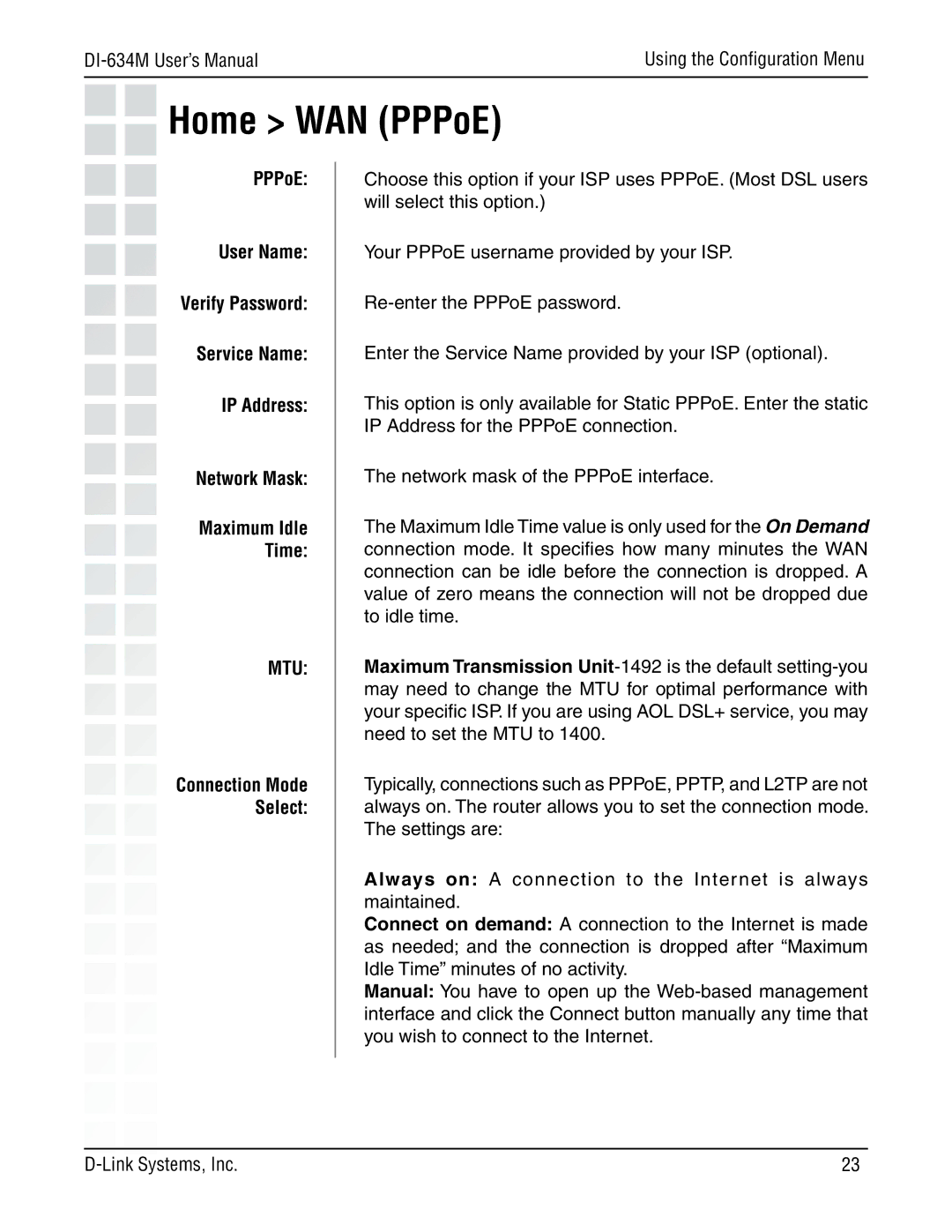 D-Link 108G manual Maximum Idle Time 