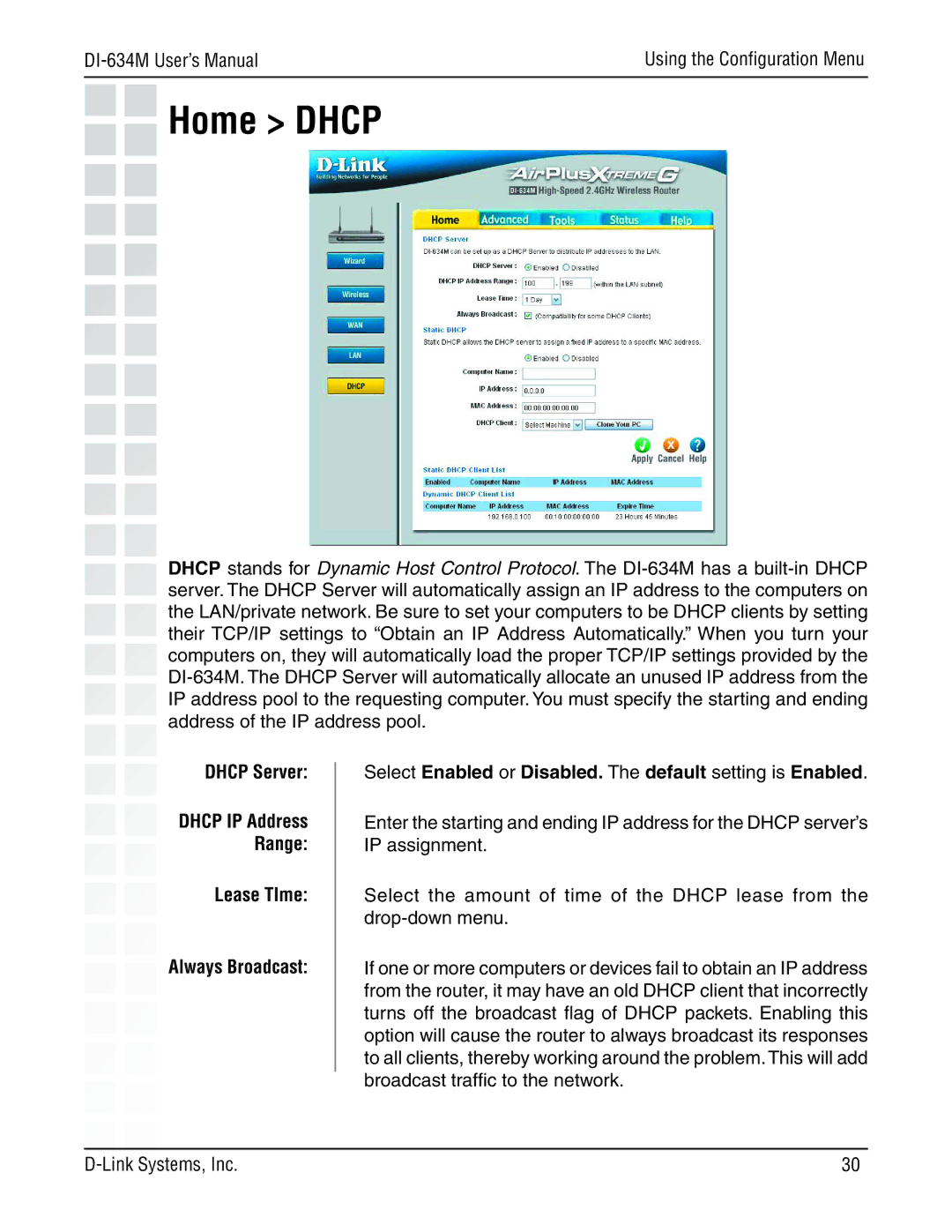 D-Link 108G manual Home Dhcp, Dhcp Server 