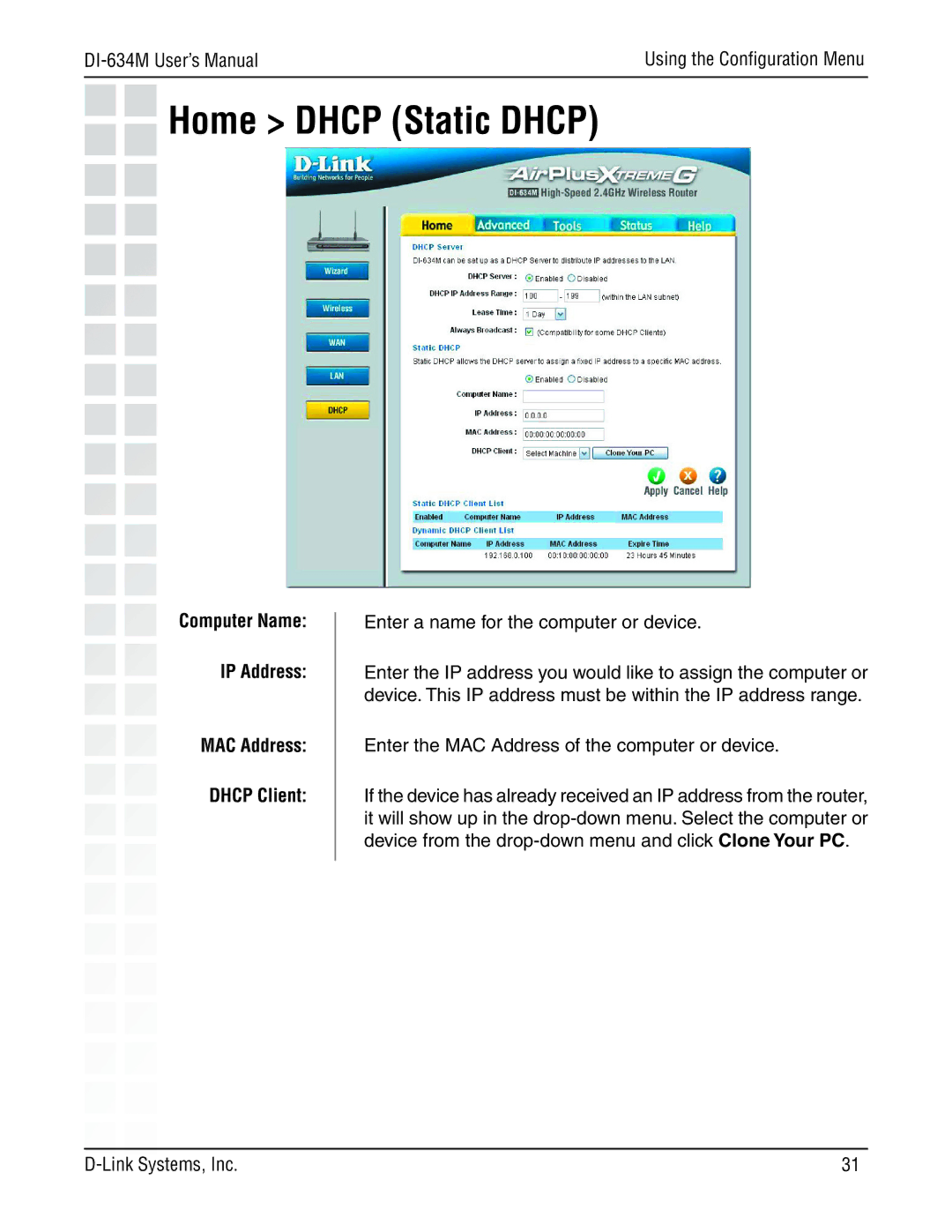 D-Link 108G manual Home Dhcp Static Dhcp, Computer Name IP Address 