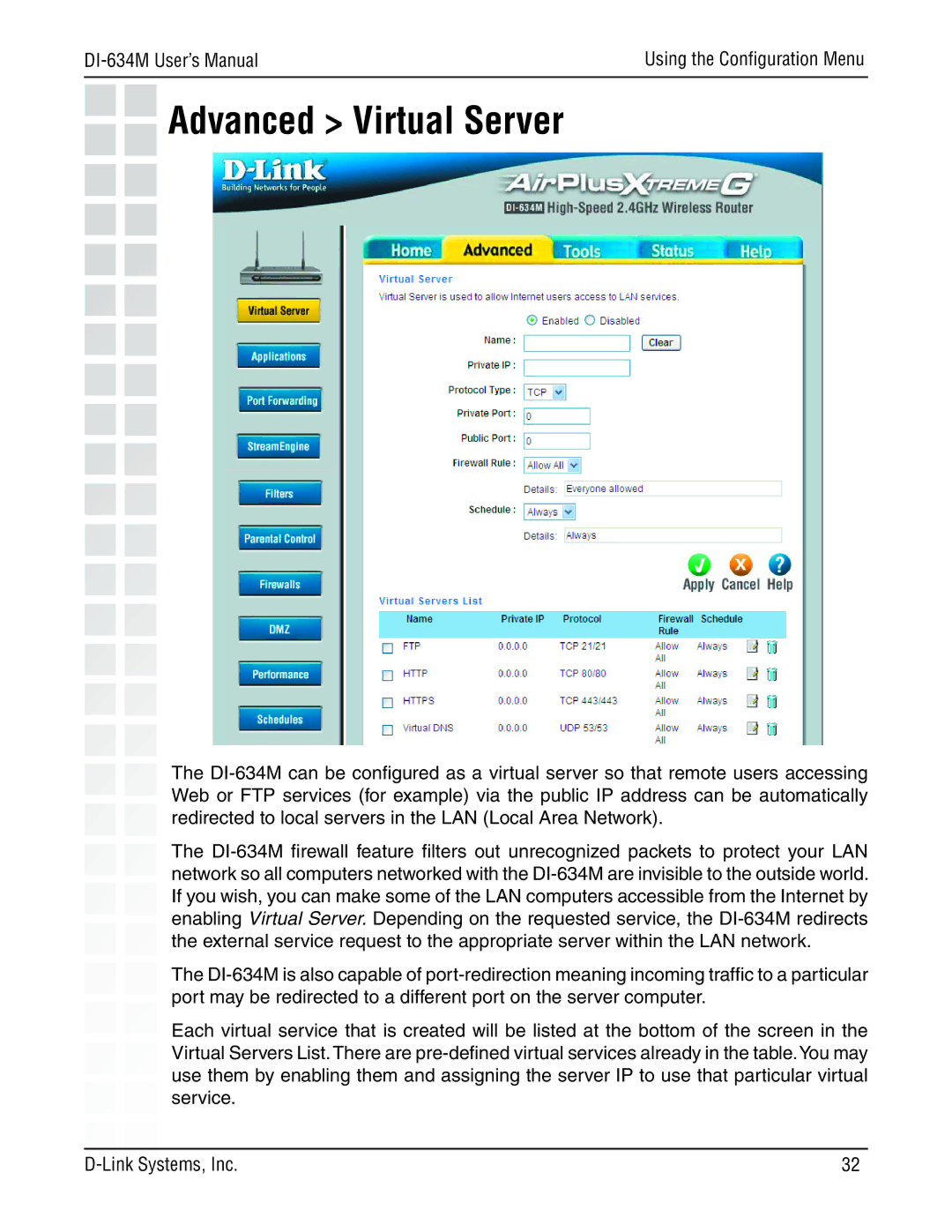 D-Link 108G manual Advanced Virtual Server 